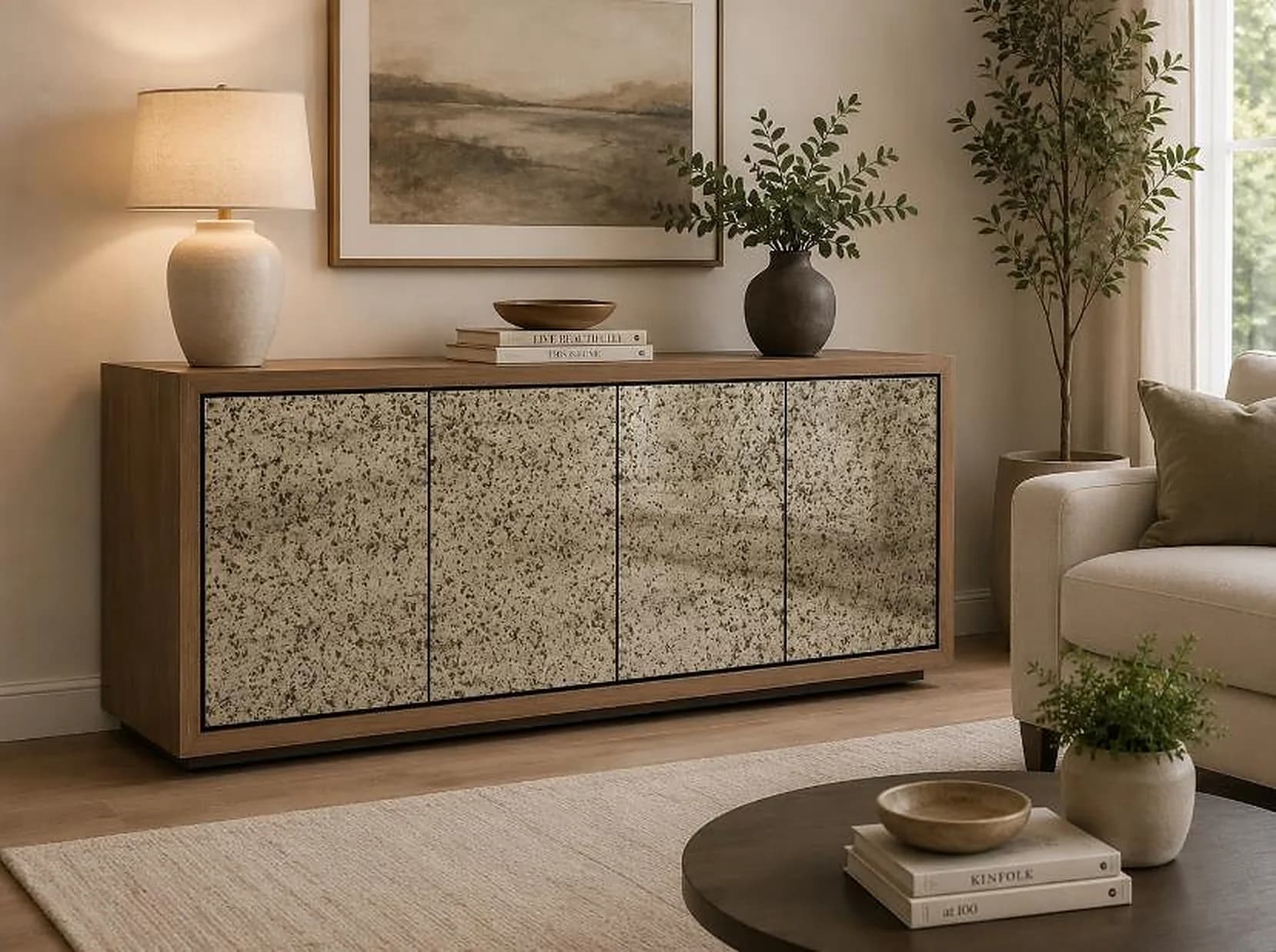 Weather sideboard in a calm, warmly lit Queensland living room
